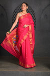 Virasat ~ Handloom Pure Cotton Paithani with Pichwai Lotus Pallu in Delight Pink - verymuchindian.com
