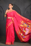 Virasat ~ Handloom Pure Cotton Paithani with Pichwai Lotus Pallu in Delight Pink - verymuchindian.com
