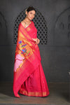 Virasat ~ Handloom Pure Cotton Paithani with Pichwai Lotus Pallu in Delight Pink - verymuchindian.com