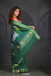 Virasat ~ Handloom Pure Cotton Paithani with Pichwai Pallu in Dark Green - verymuchindian.com