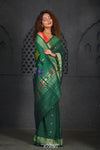 Virasat ~ Handloom Pure Cotton Paithani with Pichwai Pallu in Dark Green - verymuchindian.com