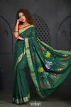 Virasat ~ Handloom Pure Cotton Paithani with Pichwai Pallu in Dark Green - verymuchindian.com
