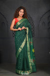 Virasat ~ Handloom Pure Cotton Paithani with Pichwai Pallu in Dark Green - verymuchindian.com