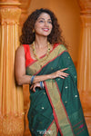 Virasat ~ Handloom Pure Cotton Paithani with Pichwai Pallu in Fern Green with Red Border - verymuchindian.com