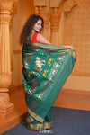 Virasat ~ Handloom Pure Cotton Paithani with Pichwai Pallu in Fern Green with Red Border - verymuchindian.com