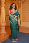 Virasat ~ Handloom Pure Cotton Paithani with Pichwai Pallu in Fern Green with Red Border - verymuchindian.com