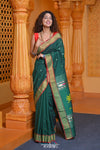 Virasat ~ Handloom Pure Cotton Paithani with Pichwai Pallu in Fern Green with Red Border - verymuchindian.com