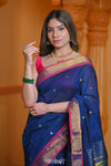 Virasat ~ Handloom Pure Cotton Paithani with Pichwai Pallu in Indigo Blue - verymuchindian.com