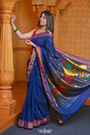 Virasat ~ Handloom Pure Cotton Paithani with Pichwai Pallu in Indigo Blue - verymuchindian.com