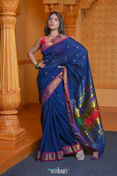 Virasat ~ Handloom Pure Cotton Paithani with Pichwai Pallu in Indigo Blue - verymuchindian.com