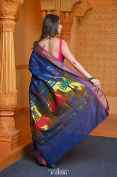 Virasat ~ Handloom Pure Cotton Paithani with Pichwai Pallu in Indigo Blue - verymuchindian.com