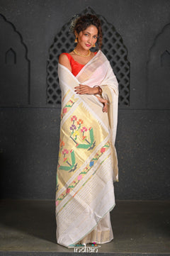 Virasat ~ Handloom Pure Cotton Paithani with Revival Asawali Pallu in Off White - verymuchindian.com