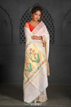 Virasat ~ Handloom Pure Cotton Paithani with Revival Asawali Pallu in Off White - verymuchindian.com