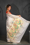 Virasat ~ Handloom Pure Cotton Paithani with Revival Asawali Pallu in Off White - verymuchindian.com