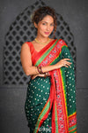 Virasat ~ Handloom Pure Gajji Silk Bandhani Saree in Green with Red Pallu - verymuchindian.com
