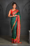Virasat ~ Handloom Pure Gajji Silk Bandhani Saree in Green with Red Pallu - verymuchindian.com
