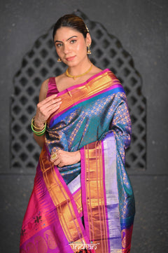 Virasat ~ Handloom Pure Silk Brocade Maharani Paithani with Contrast Pallu in Peacock Blue - verymuchindian.com