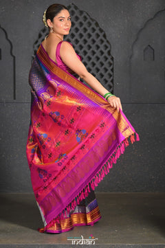 Virasat ~ Handloom Pure Silk Brocade Maharani Paithani with Contrast Pallu in Peacock Blue - verymuchindian.com