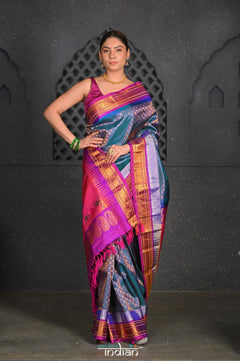 Virasat ~ Handloom Pure Silk Brocade Maharani Paithani with Contrast Pallu in Peacock Blue - verymuchindian.com