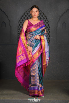 Virasat ~ Handloom Pure Silk Brocade Maharani Paithani with Contrast Pallu in Peacock Blue - verymuchindian.com