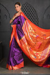 Virasat ~ Handloom Pure Silk Brocade Muniya Border Paithani with All Over Zari Lines & Contrast Pallu in Purple - verymuchindian.com