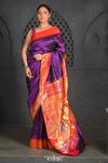 Virasat ~ Handloom Pure Silk Brocade Muniya Border Paithani with All Over Zari Lines & Contrast Pallu in Purple - verymuchindian.com