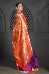 Virasat ~ Handloom Pure Silk Brocade Muniya Border Paithani with All Over Zari Lines & Contrast Pallu in Purple - verymuchindian.com