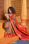 Virasat ~ Handloom Pure Silk Brocade Peacock Maharani Paithani with in Dual Tone Red & Green - verymuchindian.com