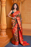 Virasat ~ Handloom Pure Silk Brocade Peacock Maharani Paithani with in Dual Tone Red & Green - verymuchindian.com