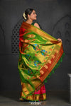 Virasat ~ Handloom Pure Silk Maharani Paithani with Contrast Green Pallu in Pink - verymuchindian.com