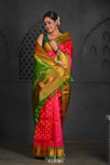 Virasat ~ Handloom Pure Silk Maharani Paithani with Contrast Green Pallu in Pink - verymuchindian.com