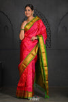 Virasat ~ Handloom Pure Silk Maharani Paithani with Contrast Green Pallu in Pink - verymuchindian.com