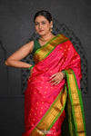 Virasat ~ Handloom Pure Silk Maharani Paithani with Contrast Green Pallu in Pink - verymuchindian.com