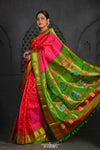 Virasat ~ Handloom Pure Silk Maharani Paithani with Contrast Green Pallu in Pink - verymuchindian.com
