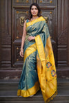 Virasat ~ Handloom Pure Silk Maharani Paithani with Maharani Pallu in Dual Tone Blue Green (Muniya Butti) - verymuchindian.com