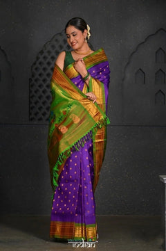 Virasat ~ Handloom Pure Silk Maharani Paithani with Maharani Pallu in Purple Green - verymuchindian.com