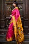 Virasat ~ Handloom Pure Silk Maharani Paithani with Maharani Pallu in Rani Pink Yellow (Muniya Butti) - verymuchindian.com