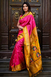 Virasat ~ Handloom Pure Silk Maharani Paithani with Maharani Pallu in Rani Pink Yellow (Muniya Butti) - verymuchindian.com