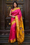 Virasat ~ Handloom Pure Silk Maharani Paithani with Maharani Pallu in Rani Pink Yellow (Muniya Butti) - verymuchindian.com