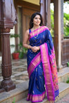 Virasat ~ Handloom Pure Silk Maharani Paithani with Maharani Pallu in Royal Blue Pink - verymuchindian.com