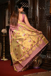 Virasat ~ Handloom Pure Silk Maharani Paithani with Swan Pallu in Onion Pink (Muniya Butti) - verymuchindian.com