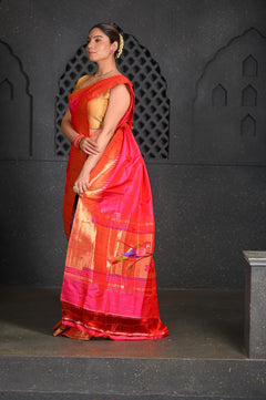 Virasat ~Handloom Pure Silk Muniya Border Dupatta in Pink - verymuchindian.com