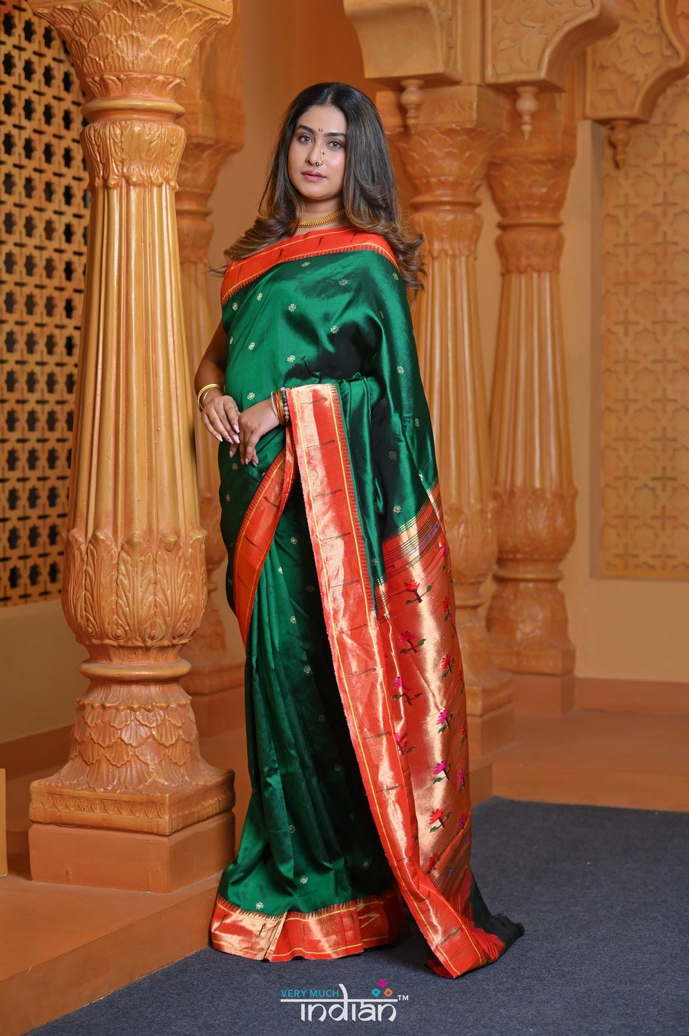 Virasat ~ Handloom Pure Silk Muniya Border Paithani with Asawali Pallu in Royal Green - verymuchindian.com