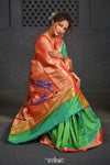 Virasat ~ Handloom Pure Silk Muniya Border Paithani with Fancy Peacock Pallu in Lime Green - verymuchindian.com