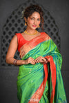 Virasat ~ Handloom Pure Silk Muniya Border Paithani with Fancy Peacock Pallu in Lime Green - verymuchindian.com