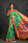 Virasat ~ Handloom Pure Silk Muniya Border Paithani with Fancy Peacock Pallu in Lime Green - verymuchindian.com