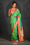 Virasat ~ Handloom Pure Silk Muniya Border Paithani with Fancy Peacock Pallu in Lime Green - verymuchindian.com