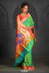 Virasat ~ Handloom Pure Silk Muniya Border Paithani with Fancy Peacock Pallu in Lime Green - verymuchindian.com
