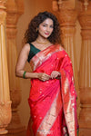 Virasat ~ Handloom Pure Silk Muniya Border Paithani with Jungle Theme Pallu in Crimson Pink - verymuchindian.com