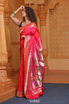 Virasat ~ Handloom Pure Silk Muniya Border Paithani with Jungle Theme Pallu in Crimson Pink - verymuchindian.com
